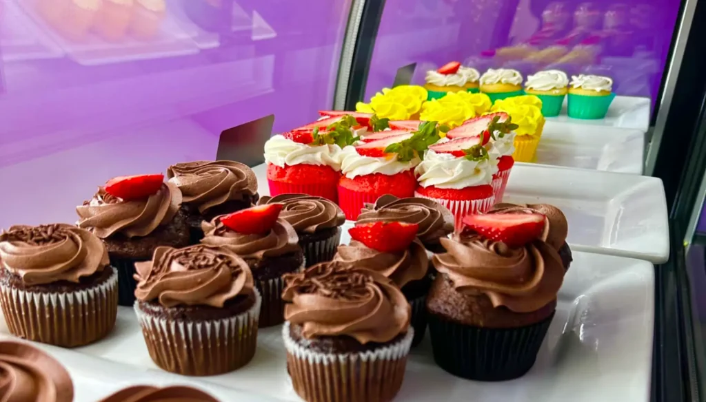 Bakery display case of chocolate, strawberry, and vanilla cupcakes